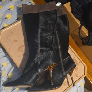 Roberto Cavalli Pony Style Calfskin Black and Brown Heeled Boots